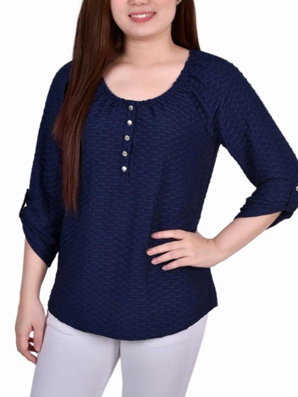 NY Collection Women's 3/4 Sleeve Honeycomb Henley Top